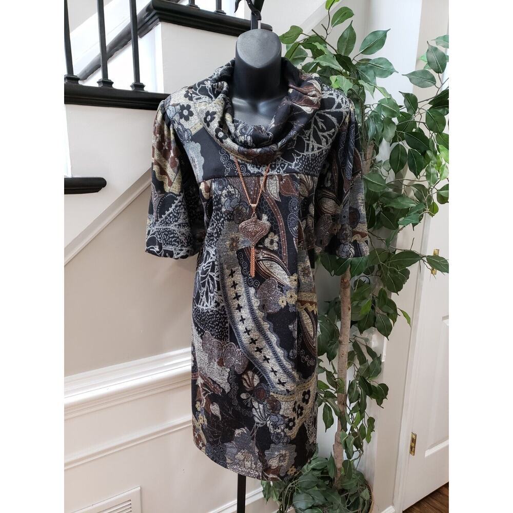 R&M Richards Womens Multi Polyester Short Sleeve Cowl Neck Shift Dress Size 10